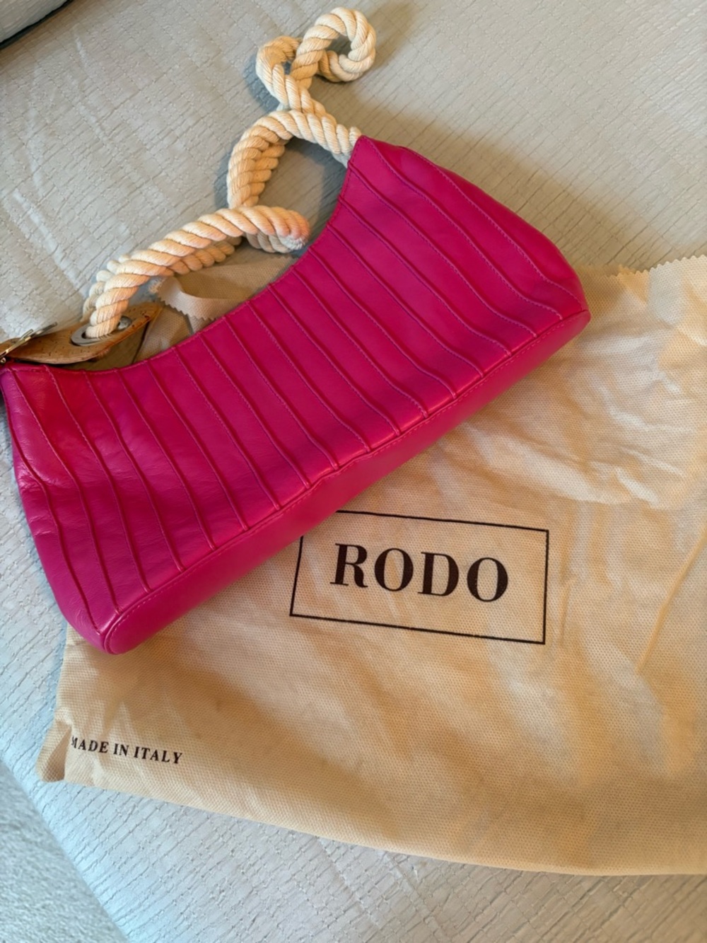 Rodo Hot Pink Quilted Leather Shoulder Bag with Rope Handles